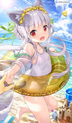 Rule 34 | 1boy, 1girl, :d, animal, animal ear fluff, animal ears, bare shoulders, barefoot, beach, blue sky, bug, butterfly, cloud, commentary request, copyright request, day, flower, fujima takuya, green ribbon, grey hair, hair bun, hair flower, hair ornament, hair ribbon, highres, horizon, innertube, insect, jacket, long hair, looking at viewer, looking to the side, ocean, off shoulder, one-piece swimsuit, open clothes, open jacket, open mouth, outdoors, red eyes, ribbon, sand castle, sand sculpture, school swimsuit, see-through, single hair bun, sky, smile, soles, solo focus, standing, standing on one leg, sun, swim ring, swimsuit, transparent, trowel, twitter username, very long hair, water, white one-piece swimsuit, yellow flower
