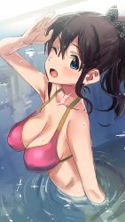 Rule 34 | 10s, 1girl, ;d, arm at side, arm up, armpits, ass, bad id, bad twitter id, bare shoulders, bathing, bikini, bikini top only, black bow, blush, bow, breasts, brown hair, cleavage, collarbone, covered erect nipples, from side, h@ll, hair bow, idolmaster, idolmaster million live!, large breasts, long hair, looking at viewer, looking to the side, one eye closed, open mouth, pink bikini, polka dot, polka dot bow, ponytail, pool, ribbon, salute, satake minako, side-tie bikini bottom, sidelocks, smile, solo, swimsuit, tareme, water, yellow ribbon