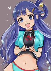 Rule 34 | 10s, 1girl, :d, asari nanami, bikini, bikini bottom only, blue eyes, blue hair, breasts, clothes lift, fish hair ornament, hair ornament, hair rings, happy, idolmaster, idolmaster cinderella girls, lifting own clothes, long hair, looking at viewer, matching hair/eyes, navel, nerotarou, open mouth, shirt lift, simple background, smile, solo, swimsuit, whistle