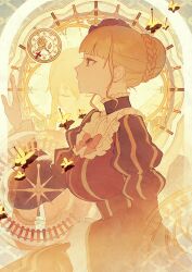 Rule 34 | aluce, beatrice (umineko), blonde hair, blunt bangs, bow, braid, braided bun, brown dress, bug, butterfly, choker, clock, collarbone, compass rose, dress, flower, french braid, frilled dress, frilled sleeves, frills, from side, gold trim, hair bun, hair ornament, hand up, highres, insect, insect pin, juliet sleeves, long sleeves, patterned background, pinned, profile, puffy sleeves, railroad tracks, rose, sidelocks, single hair bun, striped clothes, striped dress, umineko no naku koro ni, vertical-striped clothes, vertical-striped dress, wide sleeves