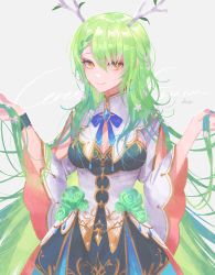 Rule 34 | 1girl, absurdres, antlers, blue bow, blue bowtie, blue dress, bow, bowtie, breasts, ceres fauna, character name, closed mouth, dress, flower, green flower, green hair, green nails, green rose, hair between eyes, hair flower, hair ornament, handot (d yot ), highres, holding, holding hair, hololive, hololive english, horns, large breasts, leaf, long hair, long sleeves, looking at viewer, nail polish, rose, simple background, smile, solo, very long hair, virtual youtuber, white dress, white flower, wide sleeves, yellow eyes