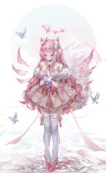 Rule 34 | 1girl, animal ears, artist request, bare shoulders, breasts, bug, butterfly, closed eyes, dress, feather boa, full body, highres, insect, large breasts, pink dress, pink hair, praying, smile, thighhighs, virtual youtuber, white background, white thighhighs, yuni nya