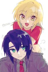 Rule 34 | 1boy, 1girl, athrun zala, blonde hair, blue hair, cagalli yula athha, couple, green eyes, grey shirt, gundam, gundam seed, gundam seed destiny, gundam seed freedom, hetero, highres, jacket, leaning on person, necktie, open mouth, red necktie, red shirt, s110d, shirt, short hair, sweatdrop, yellow eyes