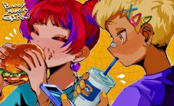 Rule 34 | 2girls, bandaid, bandaid on face, bandaid on nose, barbell piercing, blonde hair, blue hair, bracelet, braid, burger, cellphone, commentary request, cup, disposable cup, drinking, drinking straw, ear piercing, earrings, food, food on face, hair ornament, hairclip, highres, holding, holding phone, jewelry, multicolored hair, multiple girls, natchan blue (nanairopenki), original, phone, piercing, red hair, red nails, short hair, smartphone, streaked hair, twin braids, two-tone hair, x hair ornament, yellow eyes, yellow nails