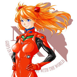 Rule 34 | 00s, 1girl, blue eyes, bodysuit, bracer, breasts, closed mouth, english text, evangelion: 2.0 you can (not) advance, eyebrows, floating hair, from side, gloves, hands on own hips, headgear, light smile, logo, long hair, looking to the side, neon genesis evangelion, nerv, orange hair, parted bangs, pilot suit, plugsuit, rebuild of evangelion, renha, shiny clothes, simple background, small breasts, smile, solo, souryuu asuka langley, standing, turtleneck, two side up, upper body, white background