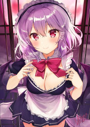 Rule 34 | 1girl, absurdres, alternate costume, apron, artist name, blue dress, bow, bowtie, breasts, cleavage, commentary request, cowboy shot, dress, enmaided, full moon, hair between eyes, hands up, heart, highres, indoors, large breasts, light purple hair, looking at viewer, maid, maid apron, maid headdress, moon, nenobi (nenorium), night, night sky, puffy short sleeves, puffy sleeves, red bow, red bowtie, red eyes, red moon, remilia scarlet, short dress, short hair, short sleeves, signature, sky, smile, solo, touhou, translated, waist apron, white apron, window