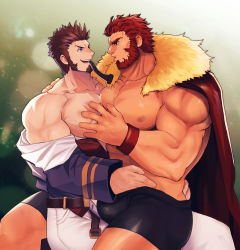 Rule 34 | 2boys, abs, bara, beard, belt, blue eyes, blush, brown hair, bulge, cape, commission, commissioner upload, couple, epaulettes, facial hair, fate/grand order, fate (series), grabbing, hand under clothes, highres, iskandar (fate), large pectorals, leather, legs together, long sideburns, long sleeves, looking at another, male focus, multiple boys, muscular, napoleon bonaparte (fate), nipples, open clothes, open mouth, pants, partially undressed, pectorals, red eyes, red hair, scar, topless male, sideburns, simple background, sitting, sitting on lap, sitting on person, smile, tora d, underwear, undressing another, yaoi