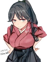 Rule 34 | 1girl, alternate breast size, anchor symbol, black hair, blue eyes, blush, breasts, celestea tera, commentary request, dated, floral print, green ribbon, hair ribbon, hakama, hakama skirt, hands on own hips, highres, houshou (kancolle), japanese clothes, kantai collection, kimono, large breasts, long hair, looking at viewer, one-hour drawing challenge, pink kimono, ponytail, ribbon, simple background, sketch, skirt, smile, solo, swept bangs, tasuki, twitter username, white background