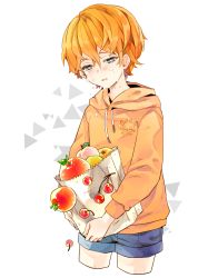 Rule 34 | 1boy, animal crossing, apple, bad id, bad pixiv id, bag, beau (animal crossing), blush, character name, crying, dodam v, food, fruit, heart, leaf, male focus, nintendo, open mouth, orange (fruit), orange hair, paper bag, peach, personification, simple background, solo, upper body, white background