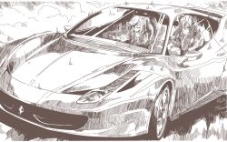 Rule 34 | 1boy, 1girl, bow, car, character name, collared shirt, commentary, commission, driving, dust, english commentary, eyepatch, ferrari, ferrari 458 italia, frown, greyscale, hair over one eye, highres, horns, indie virtual youtuber, mixed-language commentary, mizukiri fuurai, monochrome, motor vehicle, necktie, one eye covered, original, rathy k, shirt, sitting, skeb commission, sports car, vehicle focus, virtual youtuber