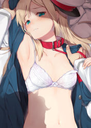 Rule 34 | 1girl, animal collar, arm up, armpits, bdsm, bed sheet, blonde hair, blue coat, blue eyes, blush, bra, breasts, coat, collar, collarbone, command spell, commentary request, fate/grand order, fate (series), from above, hand on another&#039;s arm, hand on another&#039;s shoulder, hat, head tilt, leash, long hair, long sleeves, looking at viewer, lord el-melloi ii case files, lying, navel, on back, on bed, open clothes, open coat, parted lips, peaked cap, pov, pov hands, red collar, reines el-melloi archisorte, slave, small breasts, solo focus, stomach, straight hair, underwear, upper body, viewer holding leash, white bra, yuuzuki (re&#039;ef)