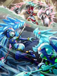 Rule 34 | 1boy, 2girls, android, battle, blue eyes, commentary request, crop top, dragon, fairy leviathan (mega man), hat, helmet, holding, holding polearm, holding weapon, in-franchise crossover, mega man (series), mega man star force, mega man star force 3, mega man zero (series), mega man zero 2, mega man zx, mega man zx advent, multiple girls, napo, polearm, queen tia (mega man), red eyes, thetis (mega man), weapon