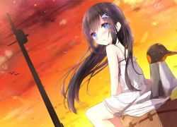 1girl :o black_hair blue_eyes blush cloud commentary_request dolphin_hair_ornament dress dutch_angle female_focus gradient_sky hair_between_eyes hair_ornament hairclip kouda_suzu long_hair looking_at_viewer looking_to_the_side original parted_lips power_lines red_sky sitting sky sleeveless sleeveless_dress solo stuffed_animal stuffed_penguin stuffed_toy suitcase sundress sunset utility_pole very_long_hair white_dress wind yellow_sky