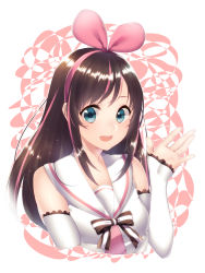 Rule 34 | 1girl, :d, absurdres, aqua eyes, bare shoulders, bow, breasts, brown hair, cropped arms, cropped torso, detached sleeves, eyebrows, facing away, fingernails, hairband, highres, kizuna ai, kizuna ai inc., lace, lace-trimmed sleeves, lace trim, long hair, long sleeves, looking at viewer, multicolored hair, open mouth, outline, pink hair, pink hairband, pink ribbon, ribbon, sailor collar, school uniform, serafuku, sleeves past wrists, small breasts, smile, solo, sparkle, straight hair, streaked hair, striped, striped bow, swept bangs, teeth, two-tone hair, upper body, virtual youtuber, white background, white outline, white sailor collar, yutazou