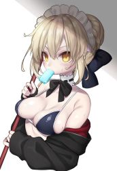 Rule 34 | 1girl, artoria pendragon (all), artoria pendragon (alter swimsuit rider) (fate), artoria pendragon (alter swimsuit rider) (second ascension) (fate), artoria pendragon (fate), bikini, bikini top only, black bikini, blush, braid, breasts, choker, cleavage, empty eyes, fate/grand order, fate (series), food, hair bun, hair ribbon, highres, inuue kiyu, light brown hair, looking at viewer, maid, maid bikini, maid headdress, medium breasts, mouth hold, off shoulder, polearm, popsicle, ribbon, ribbon trim, saber alter, short hair, simple background, single hair bun, sleeves past wrists, solo, sweat, swimsuit, unconventional maid, upper body, weapon, yellow eyes