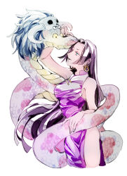 Rule 34 | 1girl, black eyes, black hair, blue eyes, boa hancock, breasts, china dress, chinese clothes, colored sclera, dress, earrings, floating hair, hair behind ear, highres, jewelry, long hair, looking down, looking up, medium breasts, one piece, parted lips, purple dress, salome (one piece), sideboob, skull, smile, snake, solo focus, ss5yzumizumi1, very long hair, white background, yellow sclera