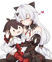 Rule 34 | 1girl, absurdres, artist request, bare shoulders, black dress, bow, breasts, captain (honkai impact), character doll, chinese commentary, cleavage, closed eyes, closed mouth, commentary, commentary request, commission, doll, dress, earrings, hair between eyes, hair bow, hair ornament, heart, highres, holding, holding doll, honkai (series), honkai impact 3rd, hugging doll, hugging object, jewelry, long hair, long sleeves, medium breasts, second-party source, simple background, smile, solo, theresa apocalypse, theresa apocalypse (luna kindred), theresa apocalypse (lunar vow: crimson love), white background, white hair
