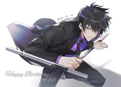 Rule 34 | 1boy, black hair, black jacket, black necktie, black pants, black suit, character request, chinese commentary, closed mouth, collared shirt, commentary request, copyright request, dated, english text, formal, gift art, glint, grey eyes, happy birthday, highres, holding, holding weapon, jacket, looking at viewer, male focus, necktie, pants, purple shirt, shirt, short hair, simple background, solo, suit, suit jacket, weapon, weapon request, white background, yusa (yusa0751)