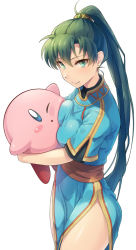 Rule 34 | 1girl, ;o, bare legs, blue dress, blue eyes, blush, blush stickers, breast press, breasts, c:, carrying, china dress, chinese clothes, closed mouth, company connection, dress, earrings, fire emblem, fire emblem: the blazing blade, from above, green eyes, green hair, high ponytail, highres, hug, jewelry, kirby, kirby (series), legs, long hair, looking at another, looking at viewer, looking up, lyn (fire emblem), medium breasts, neck, nintendo, one eye closed, open mouth, pelvic curtain, ponytail, sajittari, sash, short sleeves, side slit, simple background, smile, standing, super smash bros., thighs, very long hair, white background, wince