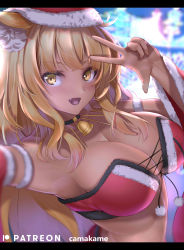 Rule 34 | 1girl, absurdres, animal ears, artist name, bell, black choker, blonde hair, blunt bangs, breasts, choker, christmas, cleavage, commentary request, fang, fate/grand order, fate (series), hat, highres, kamehito, large breasts, letterboxed, long hair, looking at viewer, neck bell, open mouth, patreon username, santa hat, selfie, smile, solo, suzuka gozen (fate), suzuka gozen (santa) (fate), upper body, w, yellow eyes