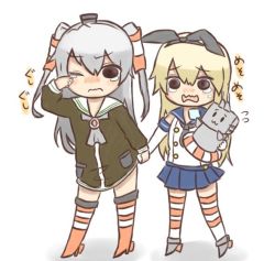 Rule 34 | 10s, 2girls, :3, amatsukaze (kancolle), blonde hair, blue skirt, commentary, dress, elbow gloves, flying sweatdrops, garter straps, gloves, hair tubes, handkerchief, holding hands, jako (jakoo21), kantai collection, long hair, multiple girls, open mouth, pleated skirt, rensouhou-chan, sailor dress, school uniform, serafuku, shimakaze (kancolle), short dress, silver hair, skirt, striped clothes, striped legwear, striped thighhighs, tearing up, tears, thighhighs, translated, two side up, wavy mouth, white gloves, wiping tears, zettai ryouiki, | |