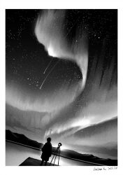 Rule 34 | 1other, absurdres, artist name, aurora, border, camera, comet, commentary, dated, dutch angle, galaxy, greyscale, highres, jiachen xu, monochrome, mountainous horizon, night, night sky, original, outdoors, scenery, short hair, silhouette, sky, sky focus, standing, star (sky), starry sky, tripod, white border, wide shot