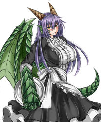 Rule 34 | 1girl, alternate costume, animal hands, apron, blush, breasts, dragon, dragon (monster girl encyclopedia), dragon girl, enmaided, frills, green wings, highres, horns, large breasts, long hair, looking at viewer, maid, maid apron, monster girl, monster girl encyclopedia, open mouth, purple hair, sanmoto gorouzaemon, scales, skirt, solo, tail, wings, yellow eyes