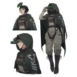 1girl boots cloak gloves goggles goggles_on_headwear green_cloak green_hood grey_hair headset helmet hood hooded_cloak jumpsuit mask military_uniform mouth_mask night_vision_device original solo umber uniform white_background