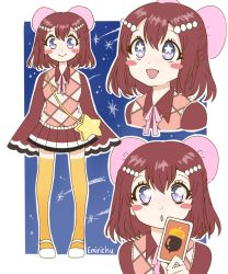 Rule 34 | + +, 1girl, artist name, bag, blue eyes, blush stickers, bow, brown hair, card, celeste (animal crossing), commentary, emirichu, english commentary, full body, hair between eyes, hair bow, handbag, highres, looking at viewer, multiple views, open mouth, original, shoes, shooting star, short hair, skirt, smile, standing, star (symbol), thighhighs, very long sleeves, watermark
