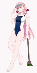 Rule 34 | 10s, 1girl, akashi (kancolle), barefoot, blue one-piece swimsuit, broom, cleaning brush, competition swimsuit, full body, green eyes, hair ribbon, kantai collection, long hair, looking at viewer, ojipon, one-piece swimsuit, pink hair, red ribbon, ribbon, simple background, solo, standing, swimsuit, tress ribbon, visor cap, white background