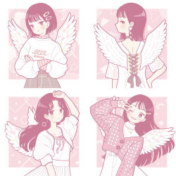 Rule 34 | 4girls, black hair, blush, crossed arms, dress, earrings, feathered wings, from behind, hair ornament, hairclip, hand on own hip, heart, heart earrings, jewelry, long hair, long sleeves, monochrome, multiple girls, one eye closed, original, pink background, pink theme, print shirt, shirt, short hair, short sleeves, upper body, v, white dress, white shirt, white wings, wings, yoshimon