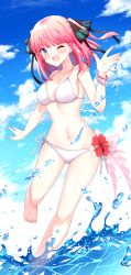 Rule 34 | 1girl, ;d, absurdres, bare legs, barefoot, bikini, black ribbon, blue eyes, blue sky, blunt bangs, breasts, cleavage, collarbone, commentary, day, flower, go-toubun no hanayome, hair ribbon, halterneck, hand up, hibiscus, highres, looking at viewer, medium breasts, medium hair, nail polish, nakano nino, navel, one eye closed, open mouth, outdoors, pink hair, profnote, red flower, ribbon, side-tie bikini bottom, sky, smile, solo, standing, standing on one leg, stomach, string bikini, swimsuit, two side up, wading, water, white bikini, wristband
