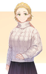 Rule 34 | 1girl, absurdres, aran sweater, black skirt, blonde hair, breasts, cable knit, closed mouth, commission, girls und panzer, green eyes, hair pulled back, hairband, highres, kimi tsuru, long hair, long sleeves, looking at viewer, medium breasts, ponytail, sasaki akebi, skeb commission, skirt, sleeves past wrists, smile, solo, sweater, turtleneck, turtleneck sweater, upper body, white sweater