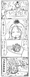 Rule 34 | 2girls, 4koma, arawi keiichi, comic, explosion, explosive, closed eyes, female focus, fleeing, forest, fountain, greyscale, headgear, mine (weapon), monochrome, multiple girls, nature, original, outdoors, parody, sparkle, throwing, translation request