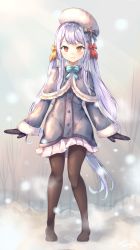 Rule 34 | 1girl, black mittens, black pantyhose, black ribbon, blue ribbon, buttons, capelet, closed mouth, fang, full body, fur-trimmed sleeves, fur trim, grey capelet, grey jacket, hair ribbon, hat, hat ribbon, heterochromia, highres, jacket, legs apart, light purple hair, long hair, long sleeves, looking at viewer, mishuo (misuo69421), mittens, neck ribbon, no shoes, orange eyes, original, pantyhose, red eyes, red ribbon, ribbon, sidelocks, sleeves past wrists, smile, snowing, solo, standing, very long hair, white hat, wide sleeves, winter, winter clothes, yellow ribbon