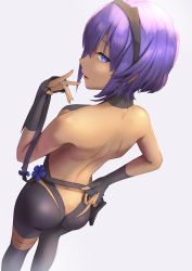 Rule 34 | 1girl, announ (kurotya), ass, back, bare shoulders, belt, black gloves, black hairband, black leotard, breasts, butt crack, commentary request, dark-skinned female, dark skin, fate/grand order, fate/prototype, fate/prototype: fragments of blue and silver, fate (series), fingerless gloves, fingernails, flower, gloves, hair between eyes, hairband, hassan of serenity (fate), highres, leggings, leotard, looking back, open mouth, purple eyes, purple hair, short hair, sideboob, solo, white background