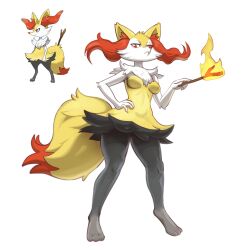 Rule 34 | 1girl, :&lt;, animal feet, animal nose, barefoot, black fur, body fur, braixen, breasts, closed mouth, creatures (company), feet, female focus, fire, full body, furry, furry female, game freak, gen 6 pokemon, half-closed eyes, hand on own hip, hand up, highres, holding, holding stick, legs, looking at viewer, multicolored fur, neck fur, nintendo, no nipples, no pussy, official art inset, pokemon, pokemon (creature), red eyes, reference inset, simple background, small breasts, snout, solo, standing, stick, stomach, telepurte, thighs, white background, white fur, yellow fur