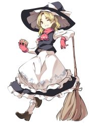 Rule 34 | 1girl, ;), apron, bad id, bad twitter id, bamboo broom, black dress, blush, bow, broom, brown footwear, dress, floral print, frilled dress, frills, full body, gloves, grin, hasebe yuusaku, hat, hat bow, hidden star in four seasons, kirisame marisa, long sleeves, looking at viewer, mini-hakkero, one eye closed, red gloves, red scarf, scarf, shoes, smile, socks, solo, touhou, waist apron, white bow, white socks, witch hat