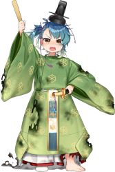 Rule 34 | 1girl, akasaka yuzu, alternate costume, blue hair, brown eyes, fangs, fukae (kancolle), full body, holding, japanese clothes, kantai collection, long sleeves, official art, open mouth, ritual baton, short hair, side ponytail, socks, solo, tabi, torn clothes, transparent background, v-shaped eyebrows, white socks, wide sleeves
