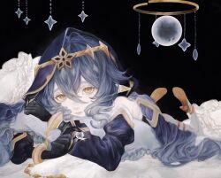 Rule 34 | 1girl, black background, black gloves, blue hair, bracelet, genshin impact, gloves, hair between eyes, halo, high heels, highres, hood, jewelry, layla (genshin impact), long hair, lying, marble (toy), hugging object, on stomach, pillow, pillow hug, pointy ears, shirone (coxo ii), solo, yellow eyes