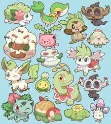 Rule 34 | 2027 (submarine2027), :p, ;d, ^ ^, alternate color, antennae, appletun, black eyes, blue background, blue bow, blue eyes, blush, bow, bowtie, bright pupils, brown eyes, buck teeth, budew, bulbasaur, chespin, chibi, claws, closed eyes, closed mouth, commentary request, cottonee, creatures (company), fangs, flower, game freak, gen 1 pokemon, gen 2 pokemon, gen 3 pokemon, gen 4 pokemon, gen 5 pokemon, gen 6 pokemon, gen 7 pokemon, gen 8 pokemon, green eyes, hands up, highres, hoppip, leaf, leafeon, legendary pokemon, looking at viewer, looking to the side, meganium, morelull, mythical pokemon, nintendo, no humans, one eye closed, open mouth, phantump, pink bow, pink flower, pokemon, pokemon (creature), purple bow, red bow, red bowtie, red eyes, shaymin, shaymin (land), shaymin (sky), shiny pokemon, shroomish, sideways glance, simple background, skiploom, smile, smirk, snivy, solid oval eyes, sweatdrop, teeth, tongue, tongue out, u u, v-shaped eyebrows, wavy mouth, whimsicott, white pupils, yellow bow, yellow eyes, yellow flower