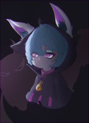 Rule 34 | 1girl, black background, black robe, closed mouth, dasi (kwts3227), green hair, highres, hood, hood up, league of legends, long sleeves, pink eyes, robe, shadow, short hair, slit pupils, solo, vex (league of legends), yordle
