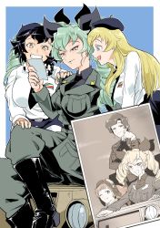 Rule 34 | 3girls, aged down, anchovy (girls und panzer), anzio military uniform, anzio school uniform, belt, beret, black belt, black hair, black headwear, black ribbon, black skirt, blonde hair, blouse, blue background, boots, braid, brown eyes, carpaccio (girls und panzer), commentary request, cover, cover page, crossed legs, dress shirt, drill hair, emblem, girls und panzer, green eyes, green hair, grey pants, greyscale, grin, hair ribbon, half-closed eyes, hand on another&#039;s shoulder, hat, highres, holding, holding photo, knee boots, kneeling, leaning forward, long hair, long sleeves, miniskirt, monochrome, multiple girls, necktie, novel cover, open mouth, pants, pants tucked in, pantyhose, parted bangs, pepperoni (girls und panzer), photo (object), pleated skirt, red eyes, ribbon, sam browne belt, school uniform, shinkuukan (tetsuo3), shirt, short hair, side braid, sitting, skirt, smile, twin drills, twintails, white shirt