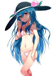 Rule 34 | 1girl, arm at side, asuzemu, bare arms, bare shoulders, bikini, black hat, blue hair, bowler hat, breasts, closed mouth, collarbone, cowboy shot, expressionless, food, fruit, hair between eyes, hat, hat ornament, highres, hinanawi tenshi, leaf, lips, long hair, looking at viewer, navel, peach, pink bikini, red eyes, side-tie bikini bottom, small breasts, solo, standing, stomach, swimsuit, thighs, touhou