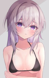 Rule 34 | 1girl, arm grab, bare shoulders, bikini, black bikini, blush, breasts, closed mouth, collarbone, commentary, grey background, grey hair, hair between eyes, highres, long hair, looking at viewer, medium breasts, original, purple eyes, sirotuki ito, solo, sweat, swimsuit, symbol-only commentary, upper body