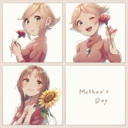 Rule 34 | 3girls, blonde hair, blush, brown hair, dress, earrings, eyelashes, flower, flower request, green eyes, grin, highres, hinawa, holding, holding flower, jewelry, long hair, long sleeves, mother&#039;s day, mother (game), mother 1, mother 2, mother 3, multiple girls, necklace, ness&#039;s mother, ninten&#039;s mother, nintendo, one eye closed, open mouth, pink dress, ring, shifumame, short hair, smile, wedding ring