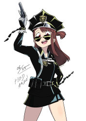 Rule 34 | 1girl, absurdres, black hat, brown hair, chain, company connection, diooksan, glasses, gun, hand on own hip, hat, highres, inferno cop, kagari atsuko, little witch academia, red eyes, simple background, standing, sunglasses, swept bangs, tagme, trigger (company), weapon, white background