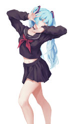 Rule 34 | absurdres, belt collar, black sailor collar, black shirt, black skirt, blue eyes, blue hair, closed mouth, collar, feet out of frame, hatsune miku, highres, jojo no kimyou na bouken, jojo pose, kuroyume (96061617), long hair, long sleeves, looking at viewer, midriff, miniskirt, navel, neckerchief, pleated skirt, red neckerchief, sailor collar, school uniform, serafuku, shirt, simple background, skirt, smile, solo, twintails, vocaloid, white background