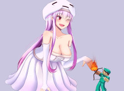 Rule 34 | 1boy, 1girl, bare shoulders, borrowed character, breasts, cleavage, collarbone, commentary, destinyplayer1, dress, elbow gloves, english commentary, fingerless gloves, ghast, giant, giantess, gloves, large breasts, looking at another, minecraft, mole, mole under eye, off-shoulder dress, off shoulder, one eye closed, personification, pink hair, red eyes, white dress, white gloves