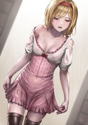 Rule 34 | 1girl, absurdres, blonde hair, breasts, breasts apart, brown eyes, brown thighhighs, collarbone, commentary request, covered navel, djeeta (granblue fantasy), dress, dutch angle, granblue fantasy, hairband, half-closed eyes, highres, medium breasts, murasaki-sin, off shoulder, open mouth, pink dress, pink hairband, rain, short dress, short hair, short sleeves, signature, skirt hold, solo, thighhighs, wet, wet clothes